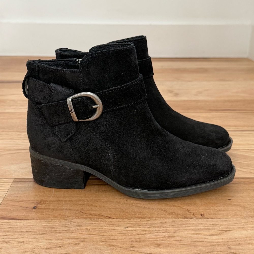 Born Morocco Black Distressed Suede Buckle Booties Sz 36.5 US 6.5